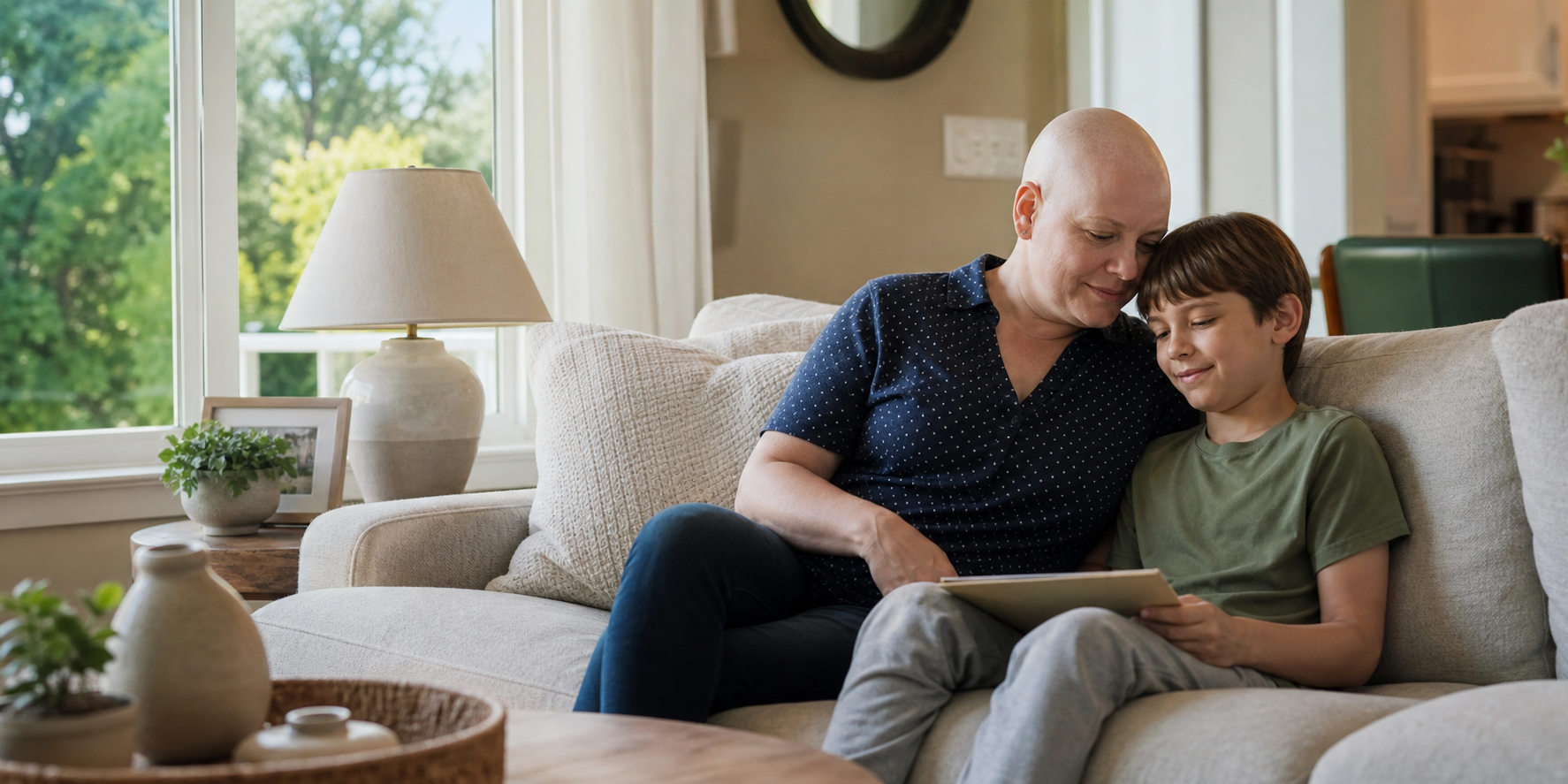 A parent and child sitting together in a quiet, warm home setting, representing an adult cancer wish centered on family time.