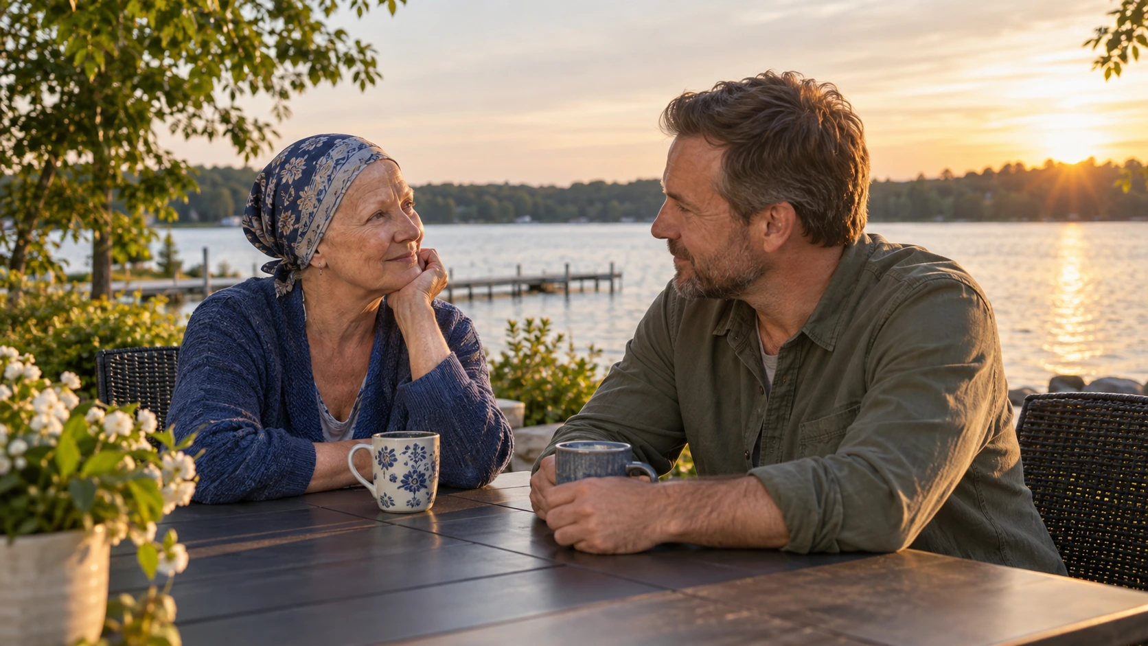 A family member and loved one having a thoughtful conversation in a warm, hopeful setting, representing the planning and possibilities behind an adult cancer wish.