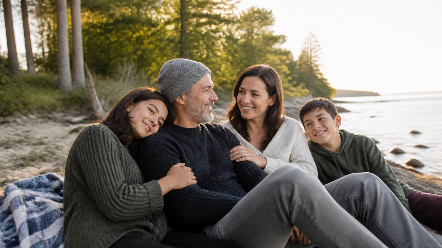 A warm family moment outdoors near the water, representing an adult cancer wish centered on time with loved ones.