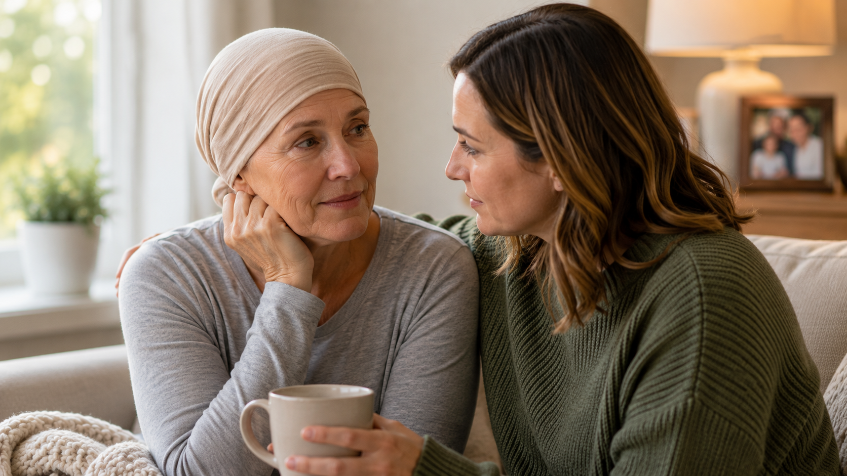 A loved one sitting with an adult facing cancer in a warm home setting, representing support while asking whether someone qualifies for an adult cancer wish.