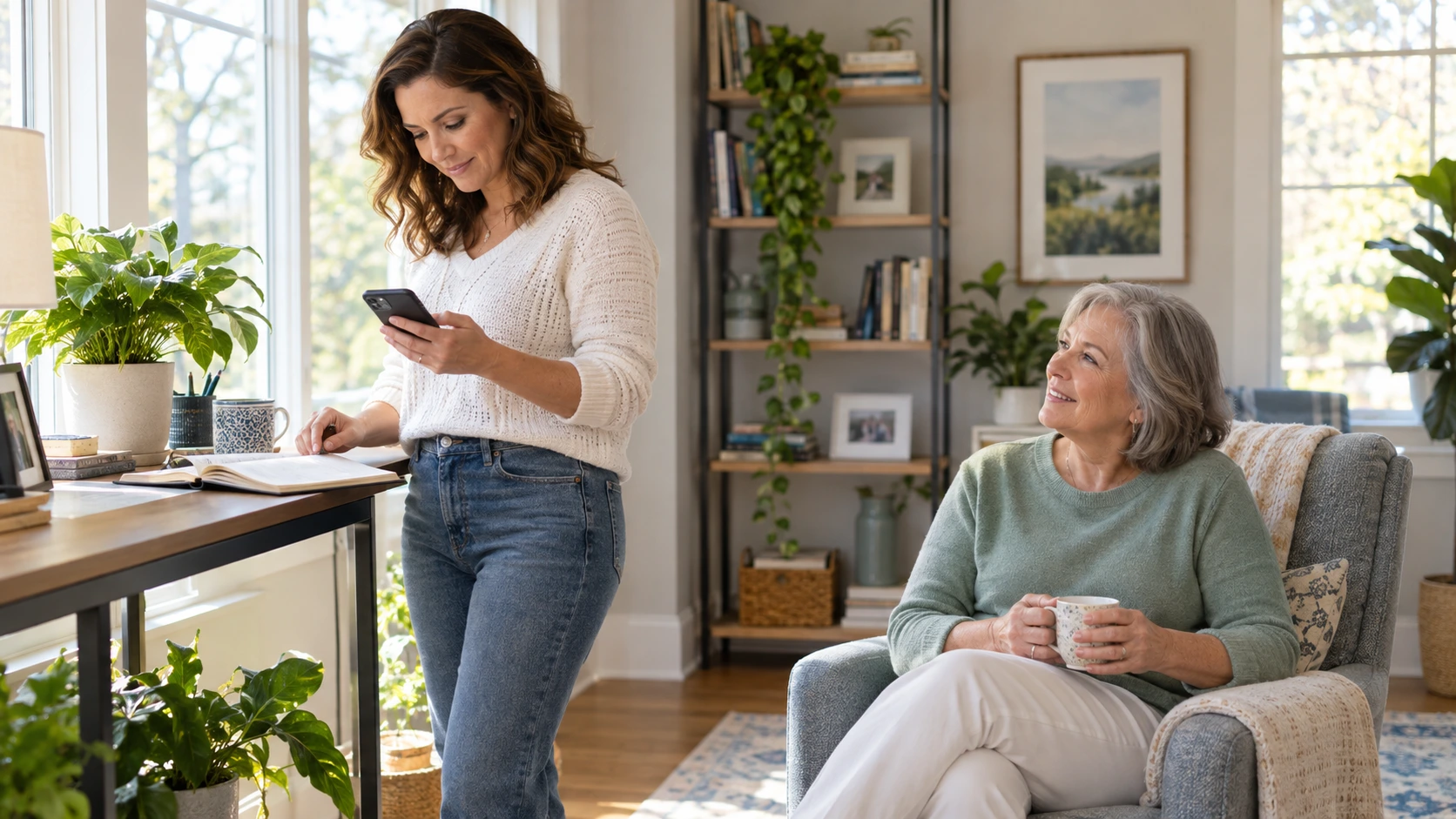 A family member reviewing a phone and notebook in a warm home setting, representing the next steps after submitting an adult cancer wish request.